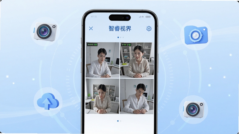 ��������չʾһ�������ֻ�����Ļ�ϳ�������ӽ�App��ʵʱ��Ƶ��ؽ��棬�����ĸ�����ͷ���������Ԥ�����֣�����Ϊǳ��ɫ�Ƽ��н��䣬��Χ��������ͷͼ�����ƶ˴洢���ţ�������������������Booguģ������
