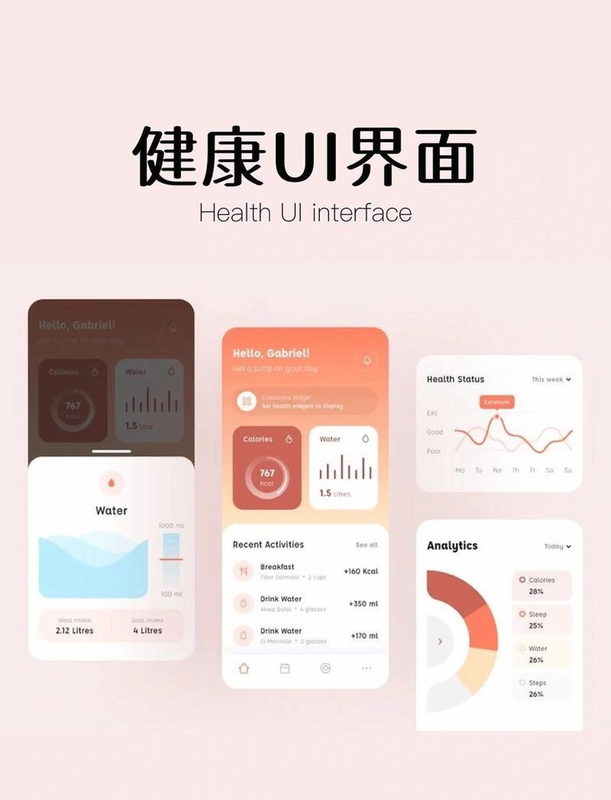 VHealth健康管理助手手机界面截图,展示简洁的仪表盘和数据图表