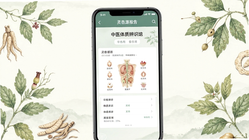 灵杏源软件界面展示中医体质辨识功能,画面中央是手机屏幕显示体质测评报告,背景是淡雅的中草药植物图案,整体色调柔和,风格清新自然