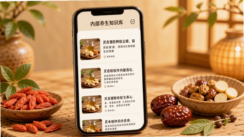 灵杏源软件内部养生知识库页面,手机屏幕显示多篇养生文章列表,旁边有枸杞、红枣等食材点缀,背景为暖色调,营造温馨健康氛围
