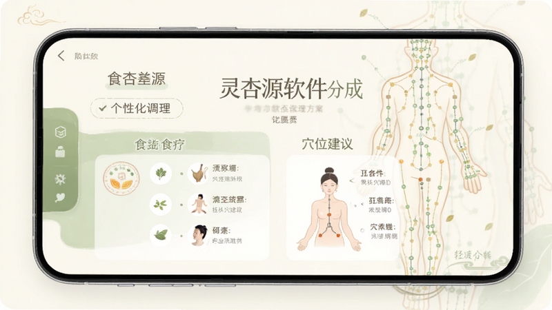 灵杏源软件生成个性化调理方案界面,手机屏幕显示食疗和穴位建议,背景有经络穴位图元素,整体风格简约专业,色彩以米白和浅绿为主