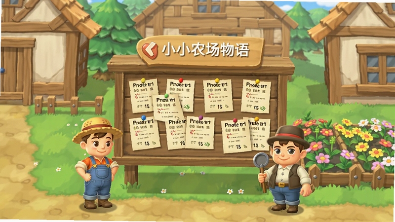 小小农场物语订单任务界面,画面中央是小镇公告板,上面贴满订单纸条,旁边站着农夫和商人NPC,背景是木质房屋和花圃,卡通风格,色彩柔和,细节丰富