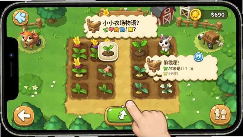 小小农场物语新手操作界面截图,画面展示手机屏幕中的农场田地,手指正在点击播种按钮,周围有任务提示气泡和金币显示,卡通风格,界面清晰,适配Boogu模型生成