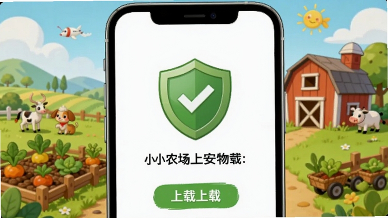 小小农场物语安全下载示意图,画面展示手机屏幕上的下载完成界面,带有绿色安全盾牌图标,背景是农场田园插画,卡通风格,色彩明快,适配Boogu模型生成