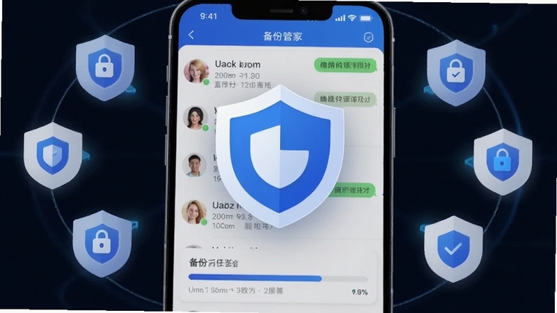聊天记录备份管家应用主界面展示,画面中央为软件蓝色盾牌形Logo,背景为手机屏幕显示聊天记录列表与备份进度条,周围环绕数据保护图标,整体风格简洁科技感,适配Boogu模型生成