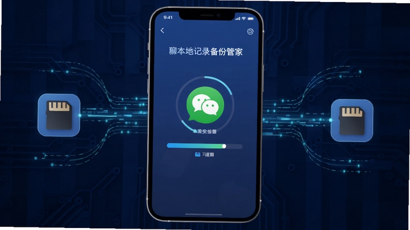 聊天记录备份管家一键备份功能界面,手机屏幕中央显示正在备份微信聊天记录的进度动画,背景为深蓝色科技纹理,周围有数据流线条连接手机与存储卡图标,突出本地安全备份概念