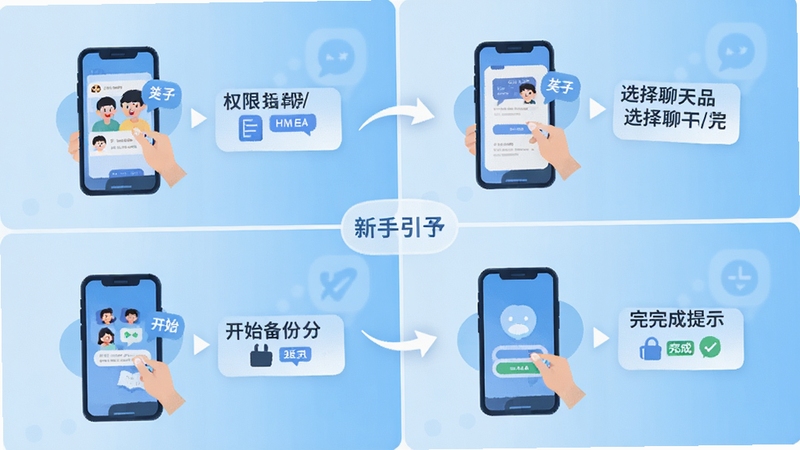 聊天记录备份管家操作步骤示意图,画面分为四个分镜展示权限授予、选择聊天、开始备份、完成提示的流程,风格为扁平化插画,背景为浅蓝色渐变,突出新手引导