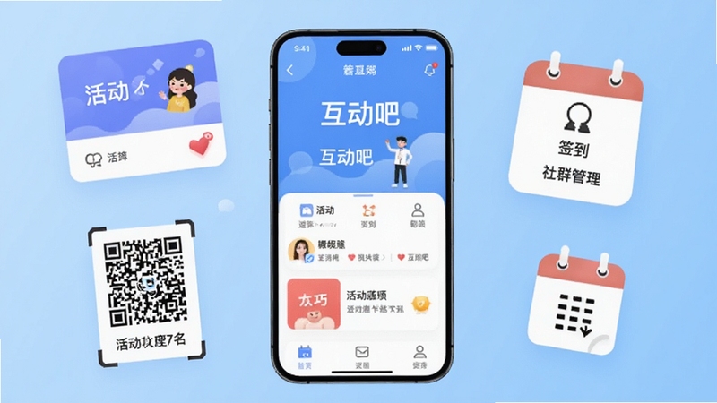 画面中心是一部智能手机,屏幕上显示互动吧应用首页界面,背景为浅蓝色渐变,周围环绕着活动卡片、签到二维码、日历图标等元素,整体风格简洁清新,突出互动吧活动报名与社群管理的核心功能,适配Boogu模型生成