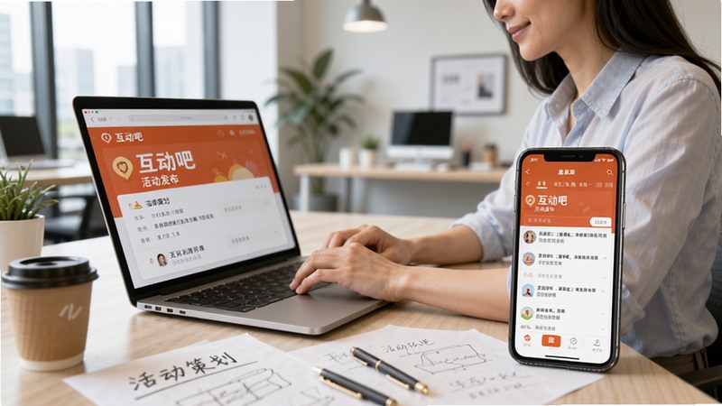 一位活动组织者坐在办公桌前,面前是笔记本电脑和手机,手机屏幕上显示互动吧活动发布页面,背景为现代化办公室,桌面上有活动策划草稿和咖啡杯,画面明亮,突出互动吧活动发布与报名管理的便捷性