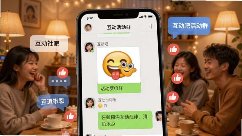 手机屏幕显示互动吧活动群聊界面,群内有用户发送互动表情包和文字消息,背景为温馨的社交场景,周围有对话气泡和点赞图标,突出互动吧互动社群与消息通知的社交属性