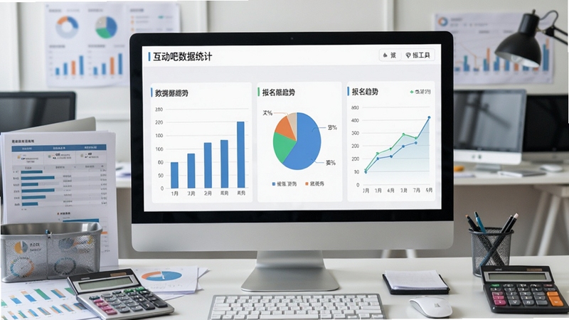 电脑屏幕上显示互动吧数据统计看板,有柱状图、饼图和报名趋势折线图,背景为数据分析工作台,周围有报表和计算器,突出互动吧数据统计与营销工具的专业性