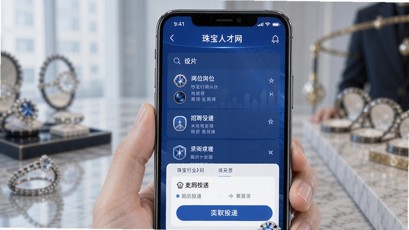 珠宝人才网 安卓手机端招聘求职界面展示 珠宝行业岗位列表与简历投递功能 蓝色商务风格