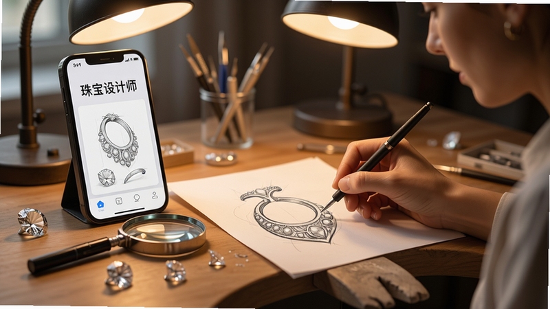 珠宝人才网APP 珠宝设计师正在绘制首饰草图 工作台上有钻石与放大镜 暖色调专业氛围