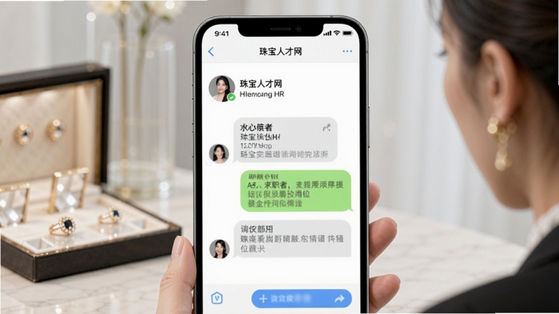 珠宝人才网 手机聊天界面 求职者与珠宝公司HR沟通岗位详情 简洁明亮风格