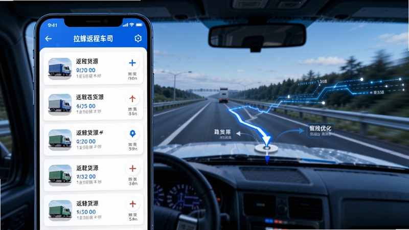 ���䷵�̳�˾���˻�Դƥ����棬����չʾ�ֻ���Ļ�ж������̻�Դ�б����ͼ·�߹滮������Ϊ������ʻ�ڸ��ٹ�·�ϵ��ӽǣ�������пƼ��е�����������ͻ������ƥ����·���Ż�������ɫ��Ϊ��ɫ���ɫ����