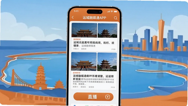 画面主体为一部智能手机居中显示,手机屏幕中呈现运城融媒通APP的主页界面,界面中包含新闻资讯卡片、运城地标建筑剪影和直播入口按钮,背景区域为运城市盐池与城市天际线的插画风格融合,整体色调以蓝色和橙色为主,扁平化设计风格,适配Boogu模型生成