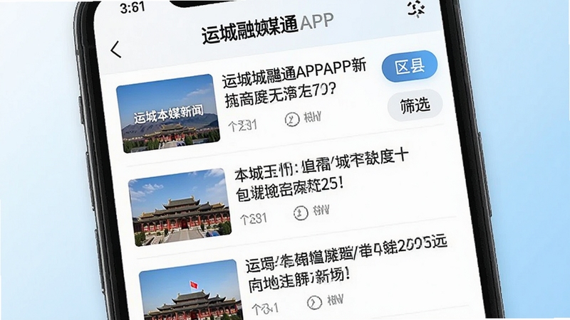 运城融媒通APP新闻资讯页面展示图,手机屏幕中清晰呈现多条运城本地新闻标题和缩略图,画面右侧有区县筛选按钮,背景为简洁的白色与浅蓝色渐变,整体风格干净现代,突出资讯阅读的便捷性