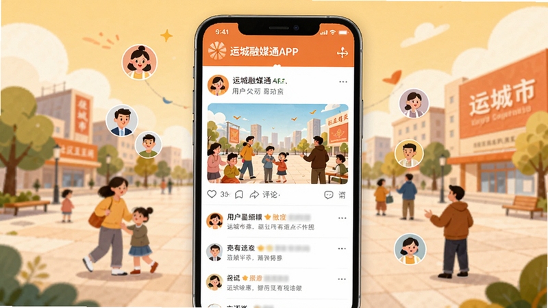 运城融媒通APP社区互动页面示意图,手机屏幕中显示用户发布的图文动态和评论列表,背景为运城市民广场的插画场景,画面中有多个小人头像代表互动用户,整体色彩温暖活泼,体现社区交流的活跃氛围