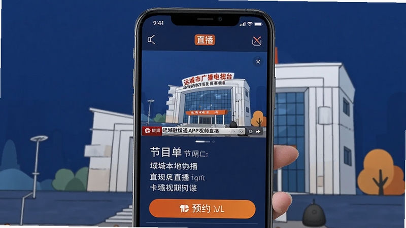 运城融媒通APP视频直播页面,手机屏幕中播放运城本地新闻直播画面,画面下方有节目单和预约按钮,背景区域为运城市广播电视台大楼外观的简约插画,整体色调以深蓝和亮橙为主,突出视频直播的现场感