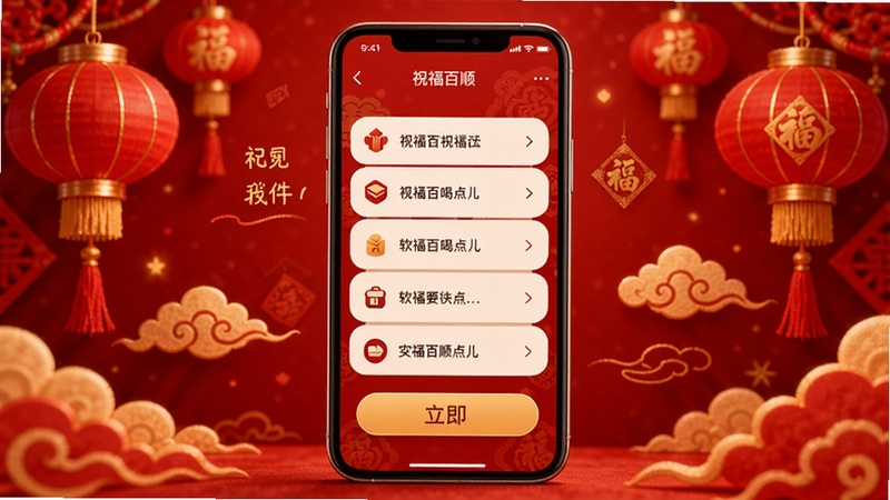 一顺百顺喝点儿 软件主界面展示 红色喜庆背景 中央放置手机样机 屏幕显示祝福语列表与互动按钮 周围点缀灯笼与祥云元素 整体风格温暖热闹 高清细节 适配Boogu模型生成