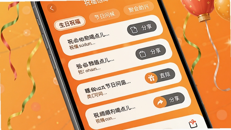一顺百顺喝点儿 祝福语库界面 手机屏幕显示分类标签如生日祝福、节日问候、聚会助兴 每条祝福语旁有复制与分享按钮 背景为暖橙色渐变 界面清爽 图标精致 高清渲染