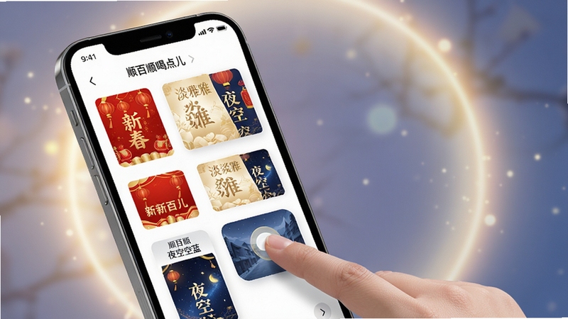 一顺百顺喝点儿 主题设置页面 手机屏幕显示多种皮肤缩略图 如新春红、淡雅金、夜空蓝 用户正在点击切换 背景为柔和光晕 界面布局清晰 高清渲染