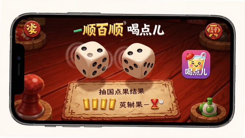一顺百顺喝点儿 互动游戏界面 手机屏幕展示摇骰子动画与抽签结果 背景为深红色木质桌面 骰子立体感强 旁边有喝点儿软件标识 氛围轻松愉快 高清细节