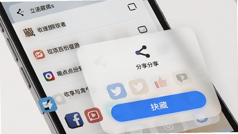 一顺百顺喝点儿 收藏与分享界面 手机屏幕显示收藏列表与分享弹窗 社交图标排列整齐 背景为浅色磨砂质感 操作按钮醒目 高清细节