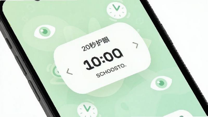 一款名为20秒护眼的手机应用界面展示,画面中央是圆润的倒计时提醒弹窗,背景为柔和的浅绿色护眼色调,周围点缀着眼睛和时钟的简约图标,整体风格清新简洁,适配Boogu模型生成