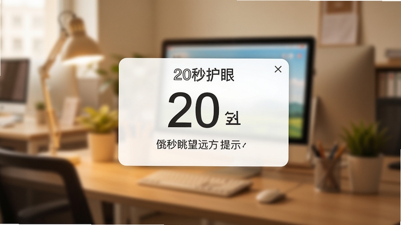 20秒护眼软件运行时的提醒弹窗特写,弹窗上显示倒计时20秒和眺望远方的提示文字,背景是模糊的办公室场景,色调温暖柔和,突出软件名称20秒护眼,适配Boogu模型生成