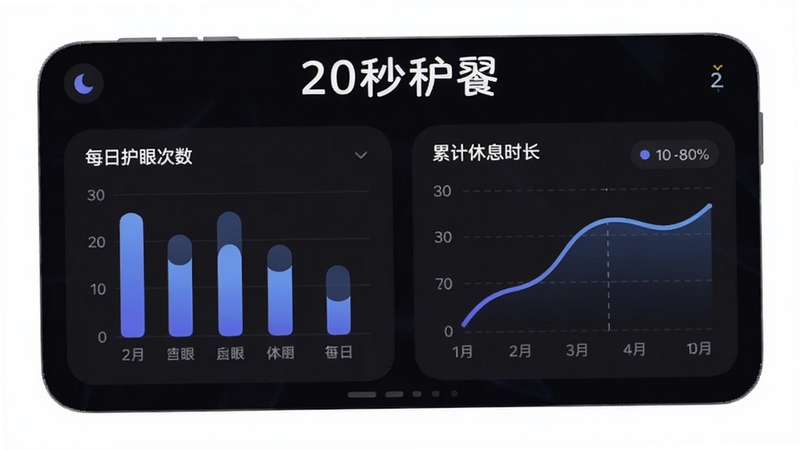 20秒护眼应用内的数据统计页面,展示每日护眼次数柱状图和累计休息时长曲线图,界面采用深色护眼模式,数据卡片圆角设计,屏幕上方有20秒护眼字样,适配Boogu模型生成