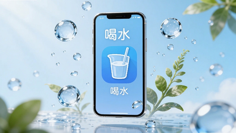 一款名为喝水的手机应用界面悬浮在画面中央,周围环绕着晶莹剔透的水滴和绿色植物,背景是柔和的浅蓝色渐变,画面主体位于正中央,背景区域展示清新的自然光效,整体风格简洁明快,适合Boogu模型生成的高质量插画