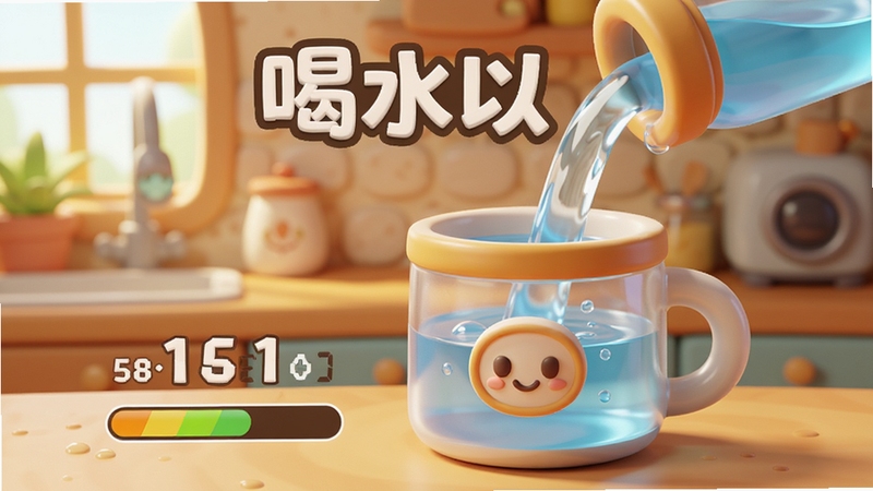 一个卡通风格的水杯正在被注入清澈的水流,水杯旁显示着数字目标和进度条,背景是温馨的厨房场景,软件名称喝水以艺术字体出现在画面上方,整体色调温暖明亮,细节丰富,适合Boogu模型生成