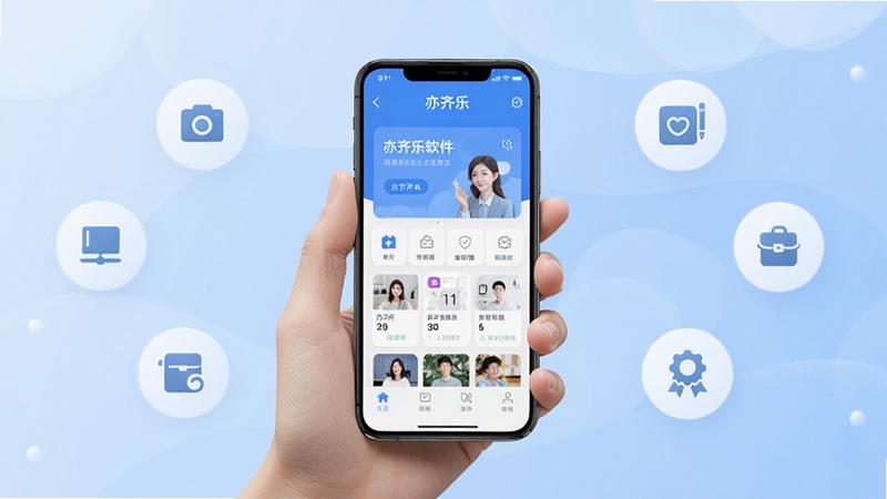 亦齐乐软件主界面全貌预览图,画面中央为手持智能手机展示亦齐乐应用首页,背景为柔和渐变浅蓝色调,周围点缀简约生活服务图标元素,整体风格清新现代,适配Boogu模型生成