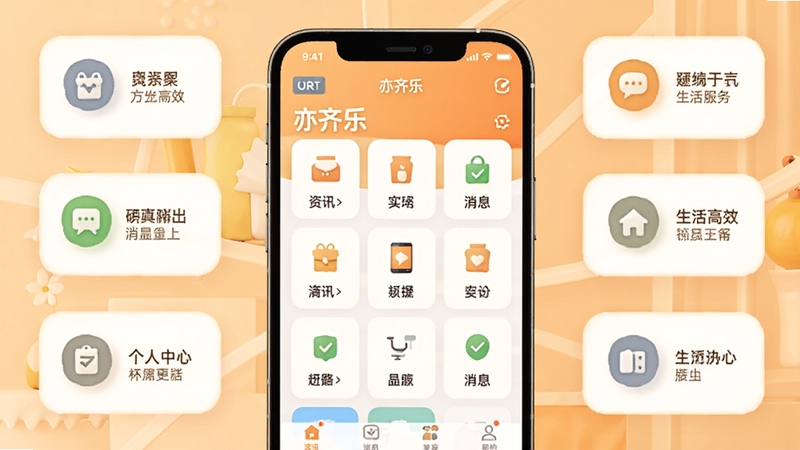 亦齐乐一站式生活服务功能展示图,画面以手机屏幕为中心,屏幕内呈现亦齐乐应用的服务聚合界面,四周环绕资讯、消息、个人中心等模块图标,背景为温暖浅橙色,体现便捷高效的生活氛围
