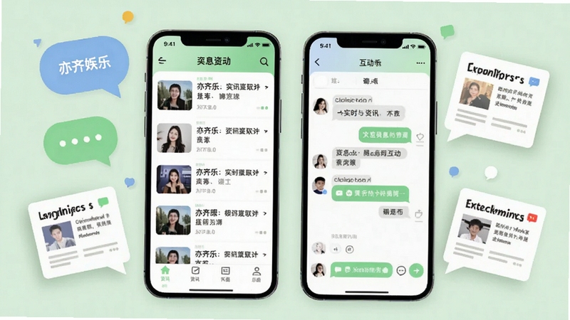 亦齐乐资讯互动界面示意图,画面展示手机中亦齐乐应用的资讯列表与聊天互动窗口,背景为淡雅浅绿色,屏幕周围有对话气泡和新闻卡片装饰元素,突出实时交流与信息获取的便捷性