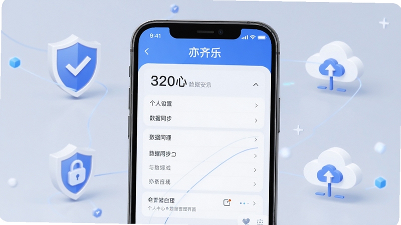 亦齐乐个人中心数据管理界面图,画面聚焦手机屏幕显示亦齐乐应用的个人设置与数据同步页面,背景为浅灰蓝色,周围点缀盾牌与云端图标,传达安全与便捷管理的理念