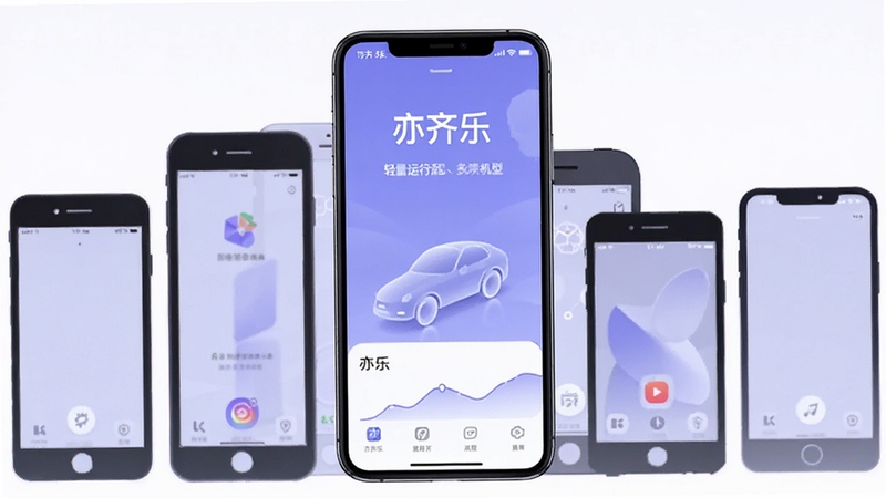 亦齐乐轻量运行适配多机型示意图,画面中一部手机展示亦齐乐应用运行流畅,背景为多个不同型号手机轮廓剪影,色调为清爽浅紫色,体现广泛兼容与轻快体验