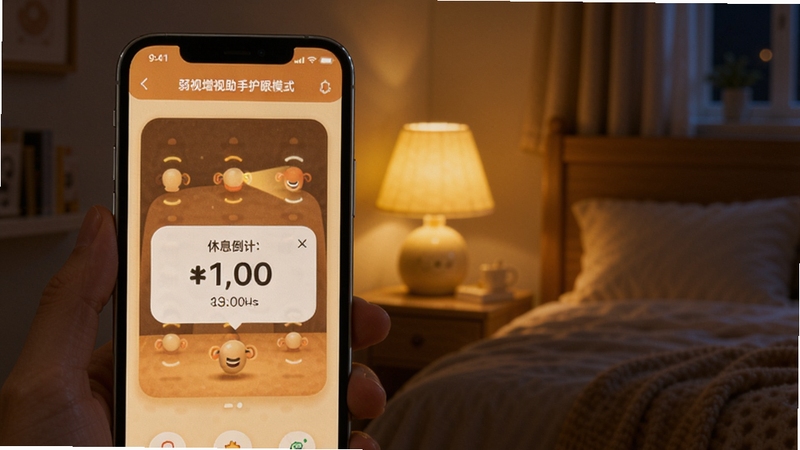 弱视增视助手护眼模式界面,画面主体为手机屏幕显示暖色调训练画面与休息倒计时弹窗,背景区域为夜晚卧室环境,床头灯散发柔和黄光,整体色调温馨安静,适配Boogu模型生成