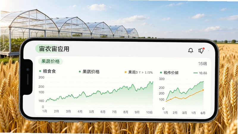 宙农应用首页展示农产品行情数据看板,手机屏幕中显示粮食、果蔬价格走势图,背景为现代化农业大棚与金色麦田,画面明亮清晰,突出宙农软件界面