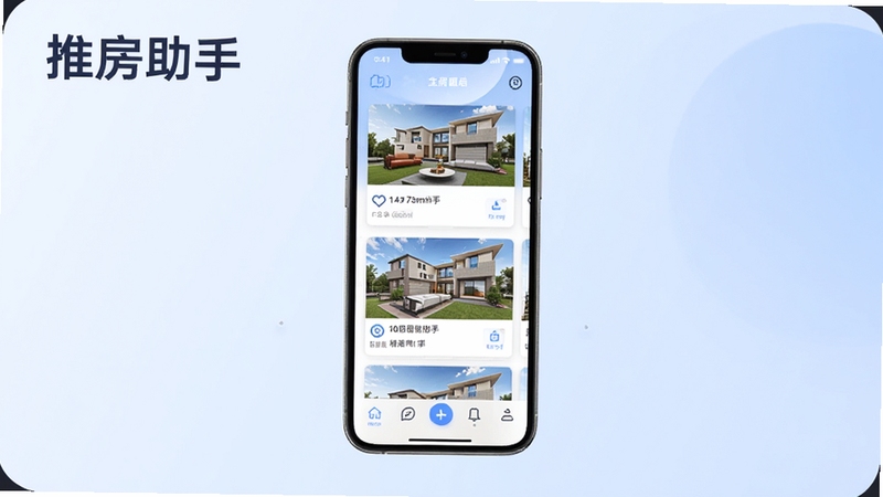 推房助手APP主界面全貌展示,画面中央是手机屏幕,屏幕内呈现房源列表卡片与底部导航栏,背景区域为柔和的浅蓝色渐变,左上角放置推房助手文字标识,整体风格简洁商务,适配Boogu模型生成