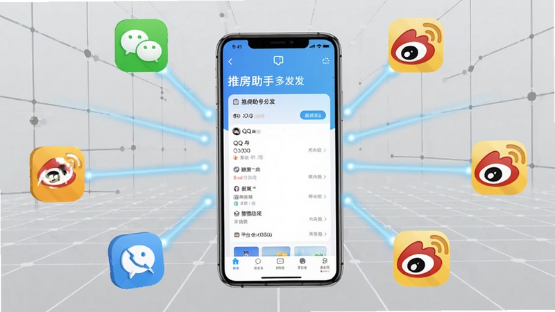 推房助手多平台一键分发功能示意图,画面中心是一部手机向外辐射出多条光线连接至微信、QQ、微博等图标,背景是淡灰色科技感网格,手机屏幕显示推房助手分发界面,整体色调明亮清晰