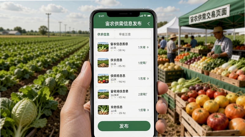 宙农供需信息发布页面,手机屏幕显示供求信息列表与发布按钮,背景为农田与农产品交易市场,画面自然写实,突出宙农信息对接功能