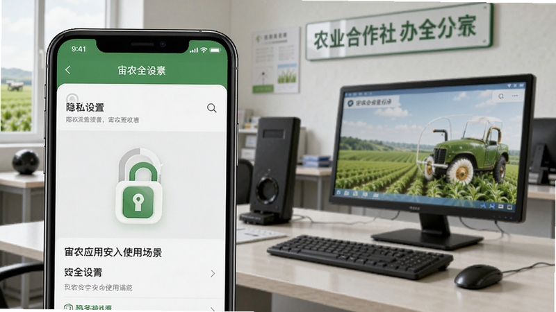 宙农应用安全使用场景,手机屏幕显示隐私设置页面与安全锁图标,背景为农业合作社办公室与电脑设备,画面稳重专业,突出宙农安全使用主题