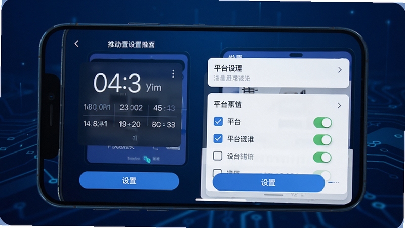 推房助手自动推送设置界面,手机屏幕显示时间选择器与平台勾选列表,背景区域为深蓝色渐变科技背景,画面简洁直观,突出设置按钮与开关控件