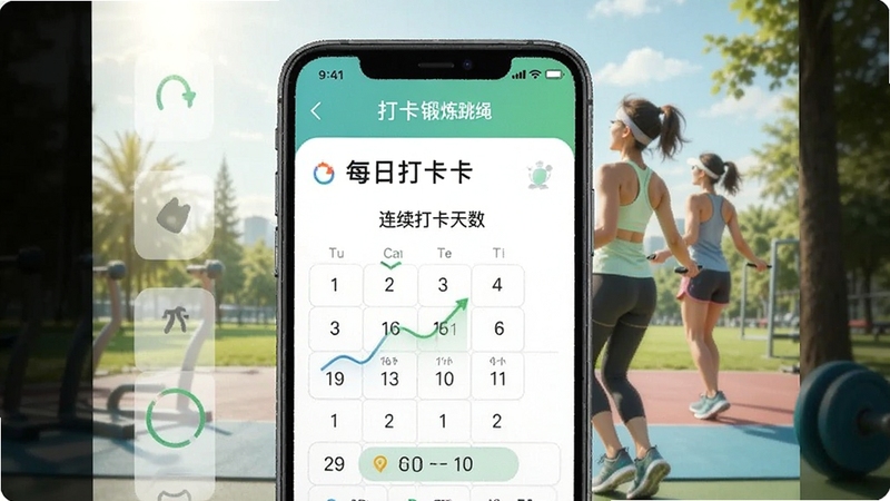 打卡锻炼跳绳多多软件每日打卡日历页面,显示连续打卡天数和跳绳记录,背景为清新运动风格