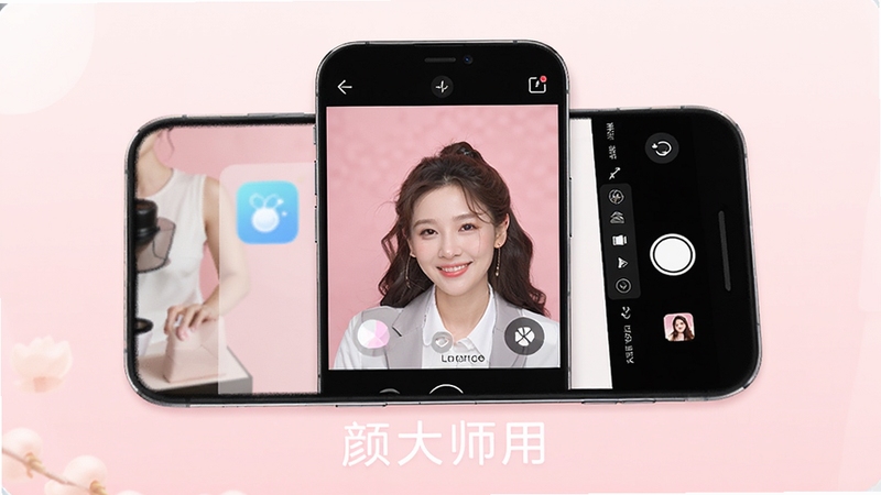 颜大师应用主界面展示,画面中央是手机屏幕内呈现的美颜相机功能布局,背景为柔和的浅粉色渐变,主体清晰,光线明亮,突出软件图标与核心修图工具栏