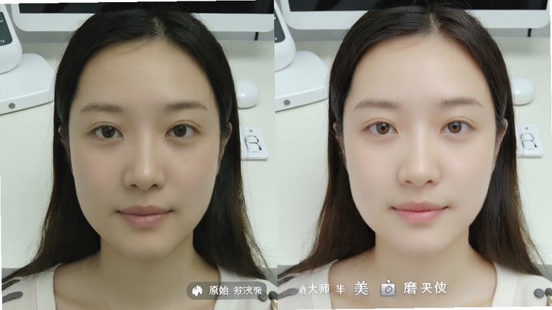 颜大师智能美颜功能演示图,画面左侧为原始人像照片,右侧为经过美白祛斑与磨皮处理后的效果对比,背景为简洁的白色工作台,光线均匀,突出肤质改善细节