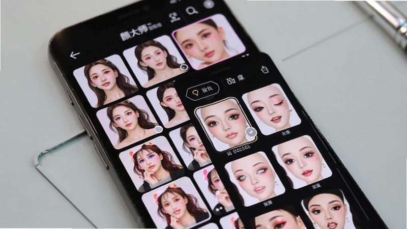 颜大师滤镜与妆容功能界面,画面展示手机屏幕中不同风格的滤镜缩略图以及虚拟妆容选择面板,背景为浅灰色工作区,光线柔和,突出色彩丰富的滤镜效果