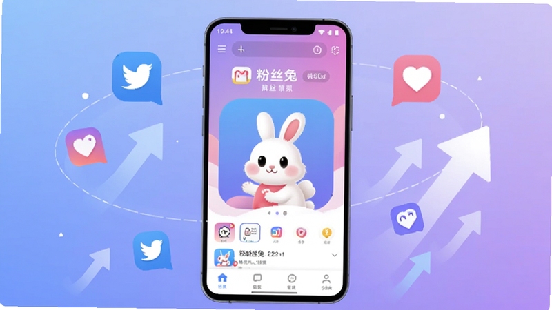 粉丝兔应用界面整体展示,画面中心是一台安卓手机,手机屏幕上显示粉丝兔应用的主页,背景是柔和的蓝紫色渐变,周围环绕着社交图标和粉丝增长箭头,整体风格简洁科技感,适合Boogu模型生成